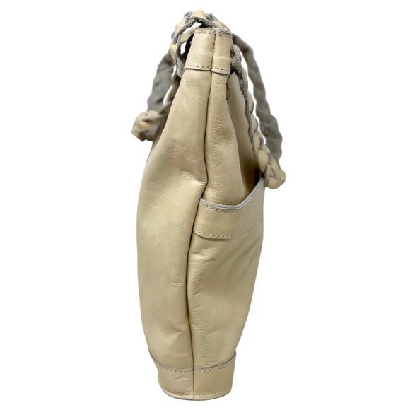 Vtg Sears Genuine Leather Shop Beige PUrse Tote Bag Braided Handles Hobo Bucket - Picture 5 of 13